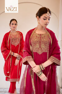 TRENDBUY Karwa Chauth Sindoor Red & Deep Magenta Roman Silk Embroidered Kurta Set with Organza Dupatta