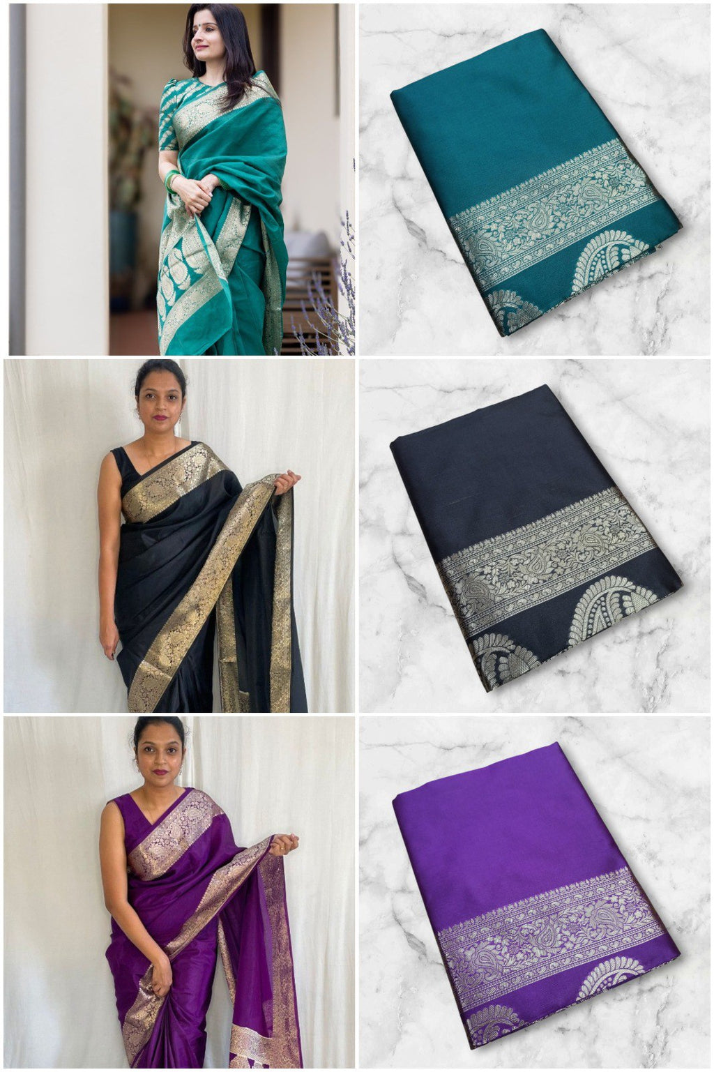 Collage showing three women in different color Banarasi Lichi Silk Sarees (teal, black, purple) and three corresponding folded sarees with jacquard work.