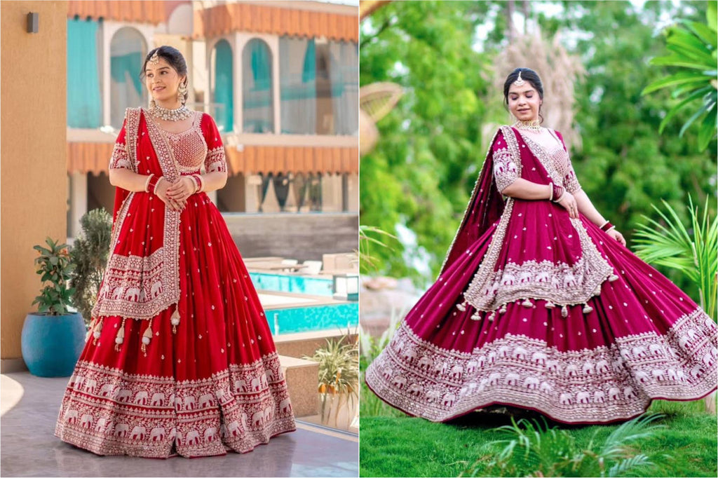 Model posing elegantly in a red blooming georgette lehenga choli with heavy sequins and zari embroidery, by a poolside.