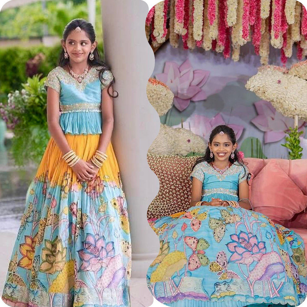 Split image of a young girl wearing the TRENDBUY Kediya style lehenga choli, standing and sitting gracefully, showcasing the outfit's beauty