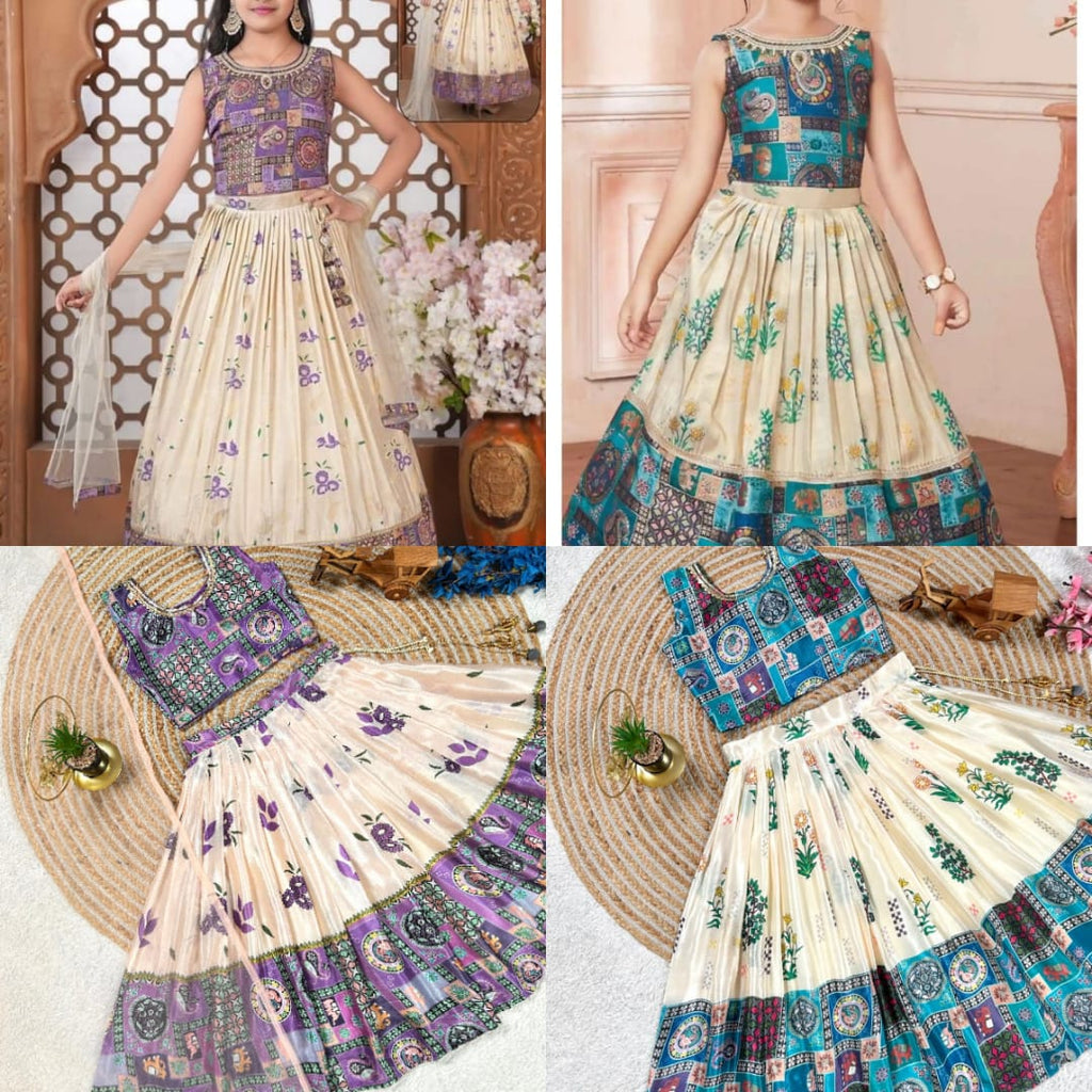 Full view of a young girl in a purple and cream digital print Navratri lehenga choli set with dupatta, showcasing the intricate design against a traditional arch background.