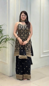 TRENDBUY Premium Faux Georgette Embroidery Sequence Sharara Plazzo Suit Set with Potli Bag