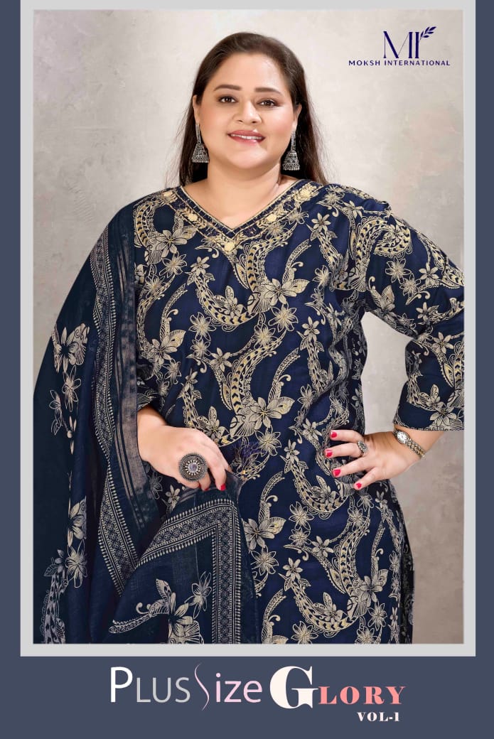 TRENDBUY Plus Size Glory Navy Blue Lichi Viscose Kurta Set with Handwork and Jacquard Dupatta - Model close-up