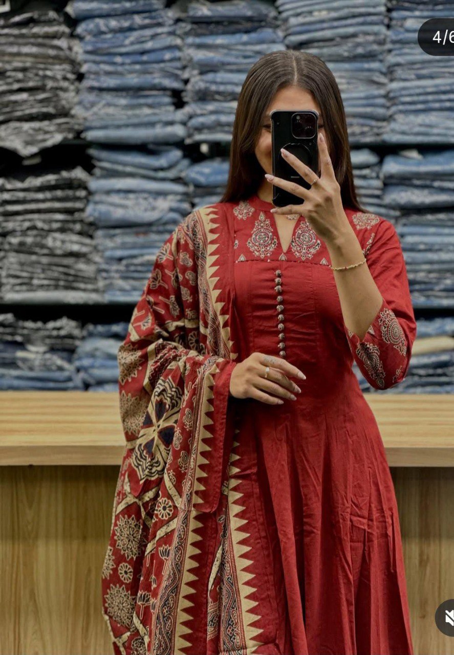 TRENDBUY model in close-up, elegant Ruby Red Anarkali kurta set with detailed sequence neck work and printed dupatta.