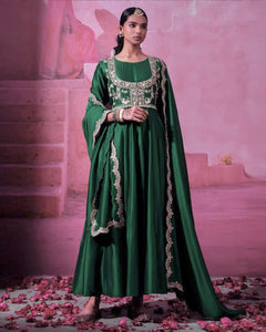 TRENDBUY Designer Green Chinon Silk Gown with Embroidered Koti & Dupatta - Party Wear Collection