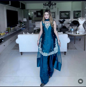 TRENDBUY Pure Natural Crepe Satin Embroidered Farshi Palazzo Suit with Net Dupatta - Ready to Wear Ethnic Ensemble