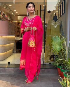 TRENDBUY Exclusive Navratri Diwali Special Viscose Silk Kurta Set with Embroidery & Langadi Patta
