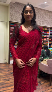 TRENDBUY Exclusive Red Faux Georgette Saree with Heavy Sequin Embroidery & Stitched Blouse