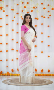 TRENDBUY Elegant Linen Digital Print Saree with Gold Jari Border & Matching Blouse