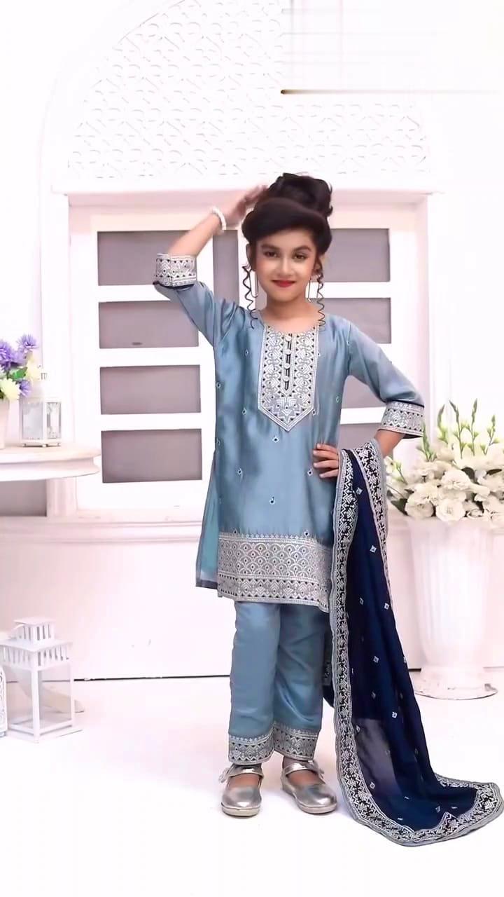 TRENDBUY little girl posing in sky blue sequin embroidered palazzo suit with dupatta