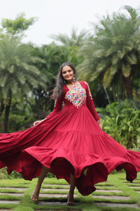 TRENDBUY Maroon Partywear Gown: Elegant Kutchi Gamthi Reyon Dress with Adjustable Fit