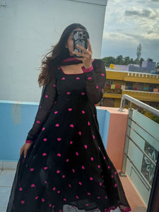 TRENDBUY Valentina Heart Anarkali Georgette Gown with Mono Chrome Dupatta