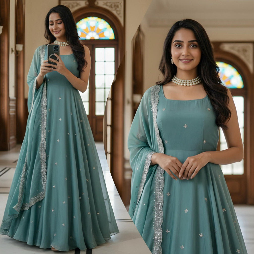 TRENDBUY model posing in full length wearing pastel teal Anarkali gown with sequence embroidery and matching dupatta in a luxurious setting, holding phone.
