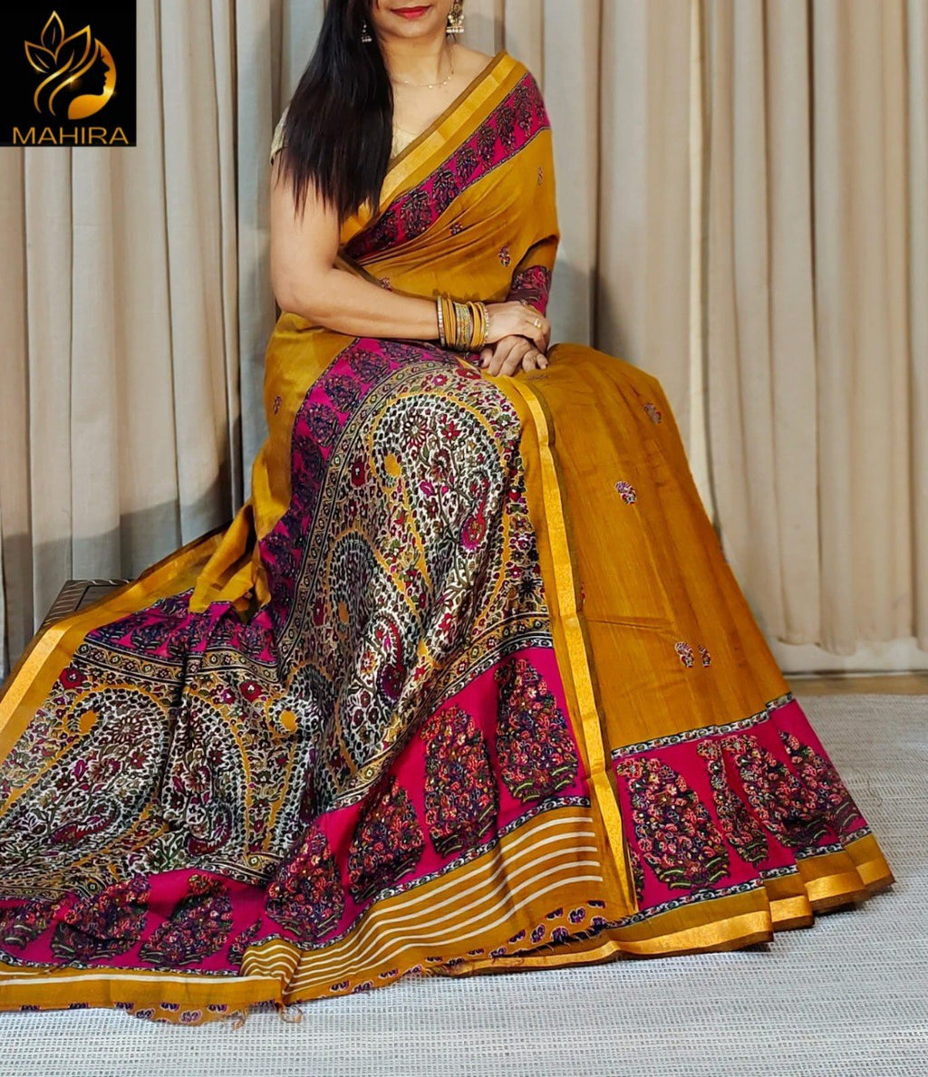 Mustard Yellow Katha Silk Saree with intricate pink paisley and floral border, gold zari.