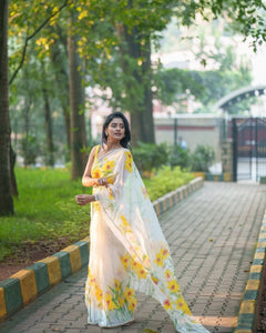 TRENDBUY Tebi Silk Digital Printed Saree with Val Moti Handwork & Moti Lace Border