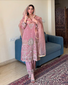 TRENDBUY Exclusive Embroidered Pink French Crape 3-Piece Pant Suit with Organza Dupatta