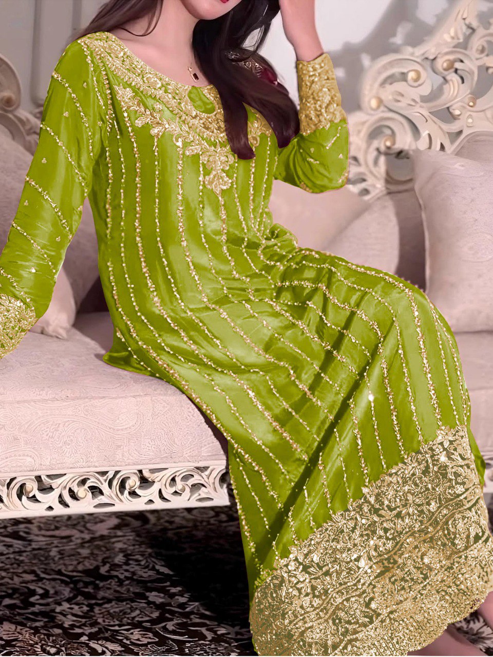 Model in vibrant lime green Chinon silk plazzo suit with heavy gold embroidery and rivet moti work, sitting on a sofa.