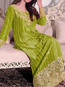TRENDBUY Designer Party Wear Chinon Silk Embroidered Plazzo Suit Set with Dupatta