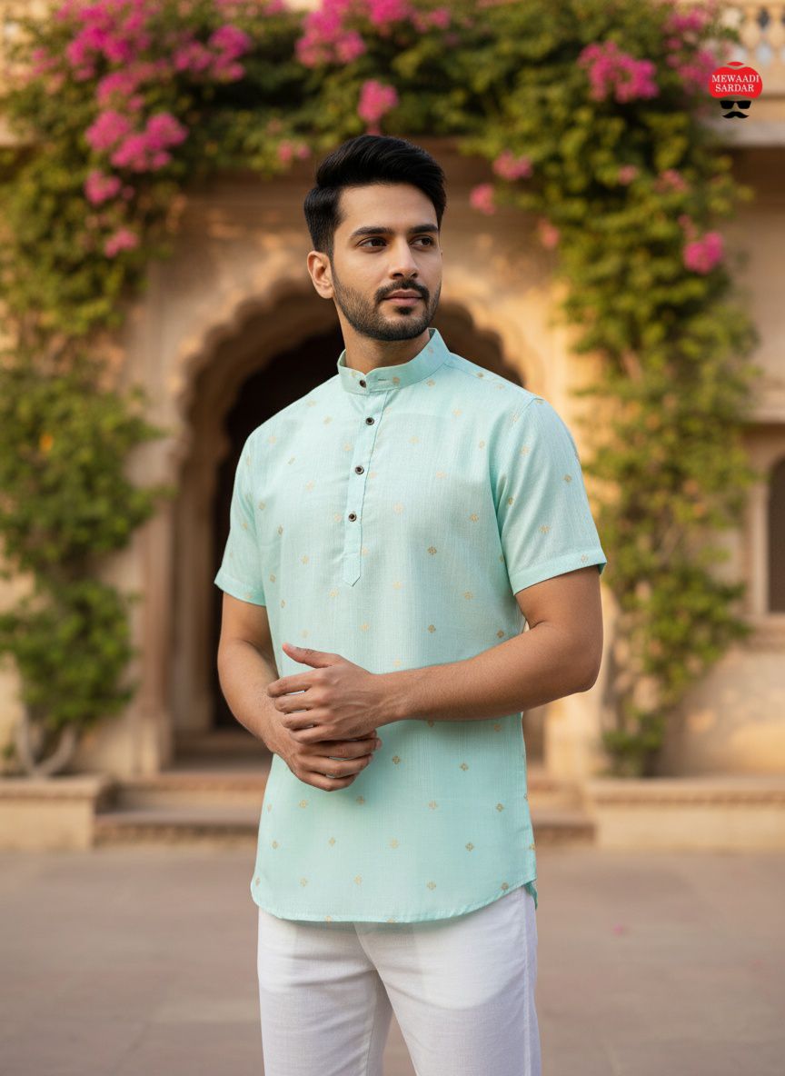 Young man modeling a light aqua linen cotton short kurta with half sleeves and subtle jaquard butta design, in an outdoor setting.