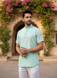 TRENDBUY Men's Linen Cotton Short Kurta with Jaquard Butta - Half Sleeves