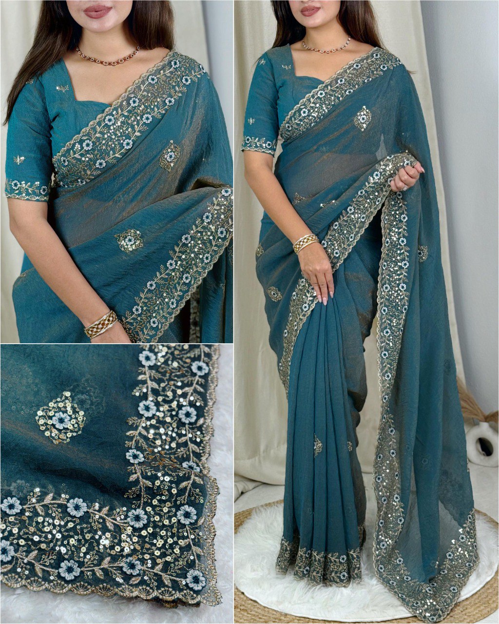 TRENDBUY Teal Blue Metallic Tissue Crush Saree with intricate sequin and zari embroidery, worn by a model, close-up details of pallu and border.