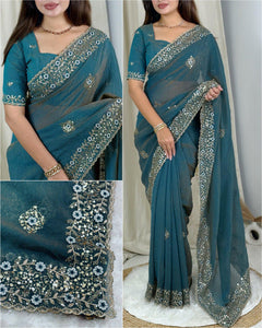 TRENDBUY Opulent Metallic Tissue Crush Saree | Shimmering Sequin & Zari Embroidery Blouse | Festive Ethnic Wear