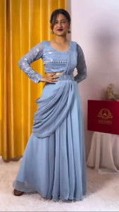 TRENDBUY Elegant Sequin Embroidered Faux Georgette Party Wear Sharara Set with Belt