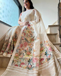 Elegant Digital Print Linen Saree with Blouse Piece - TRENDBUY Exclusive Floral Collection