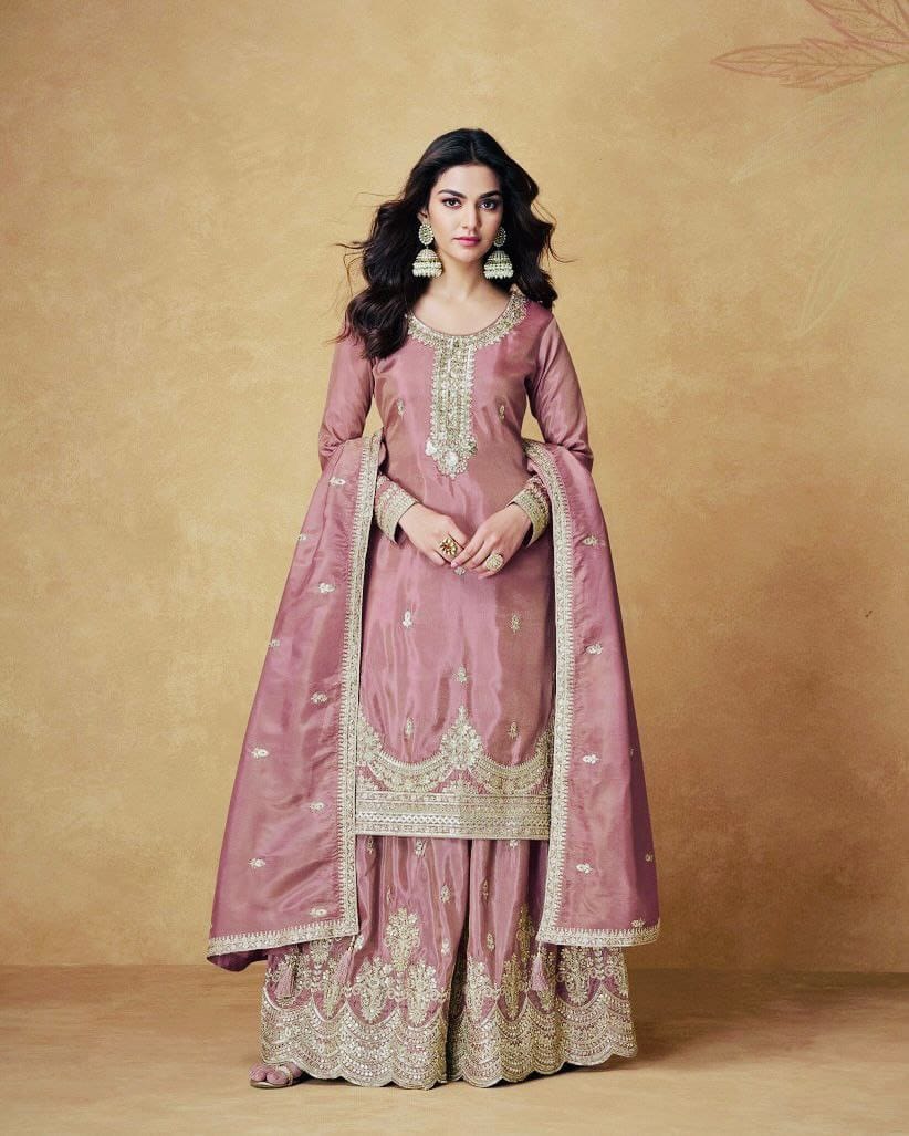 TRENDBUY Mauve Pink Chinon Silk Palazzo Suit with heavy gold embroidery and sequin work, modeled gracefully.
