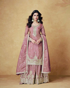 TRENDBUY Chinon Silk Embroidery Sequin Palazzo Suit with Dupatta | Festive Ready-to-Wear