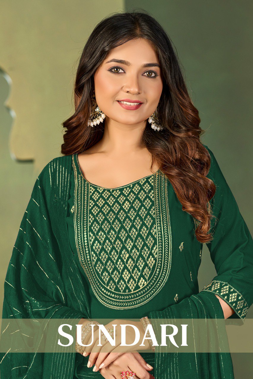 TRENDBUY Sundari Emerald Green Kurti Set, close-up of heavy gold embroidery on neckline.