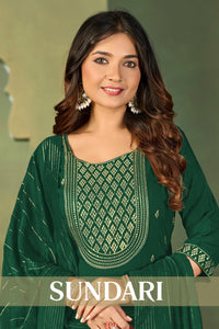 TRENDBUY Sundari Malai Crape Heavy Embroidered Kurti Pant Dupatta Set