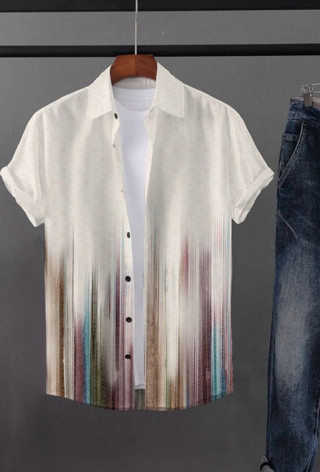 Men's white knitted half-sleeve shirt with abstract vertical gradient print, styled on a hanger next to jeans.