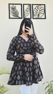 TRENDBUY Women's Printed Cotton Peplum Top | Long Sleeve V-Neck Tunic for Office & Casual Wear