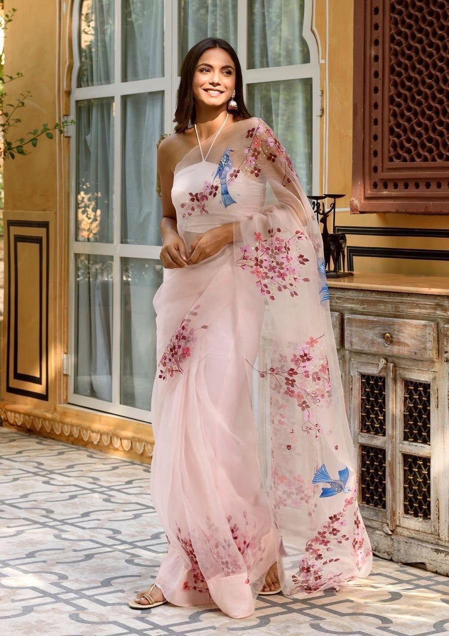 TRENDBUY model showcasing a beautiful light pink pure organza saree with hand-painted pink floral motifs and blue bird embroidery, paired with a strappy blouse.