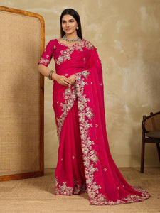 TRENDBUY Party Wear Soft Fendy Chiffon Saree with Embroidery Cutwork Lace Border