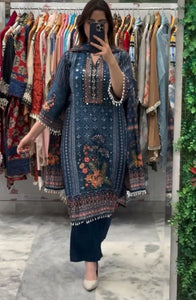 TRENDBUY Designer Chinon Printed Salwar Suit Set with Real Mirror & Diamond Work
