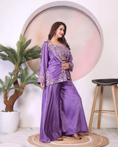 TRENDBUY Luxurious Lavender Chinon Silk Embroidered Three-Piece Co-ord Set