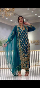 TRENDBUY Designer Teal Georgette Anarkali Suit with Heavy Sequence Work - 3 Piece Set