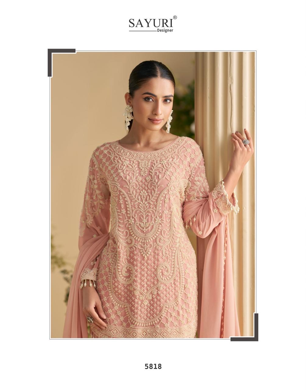 TRENDBUY Sana NX peach embroidered georgette suit top with intricate beadwork.