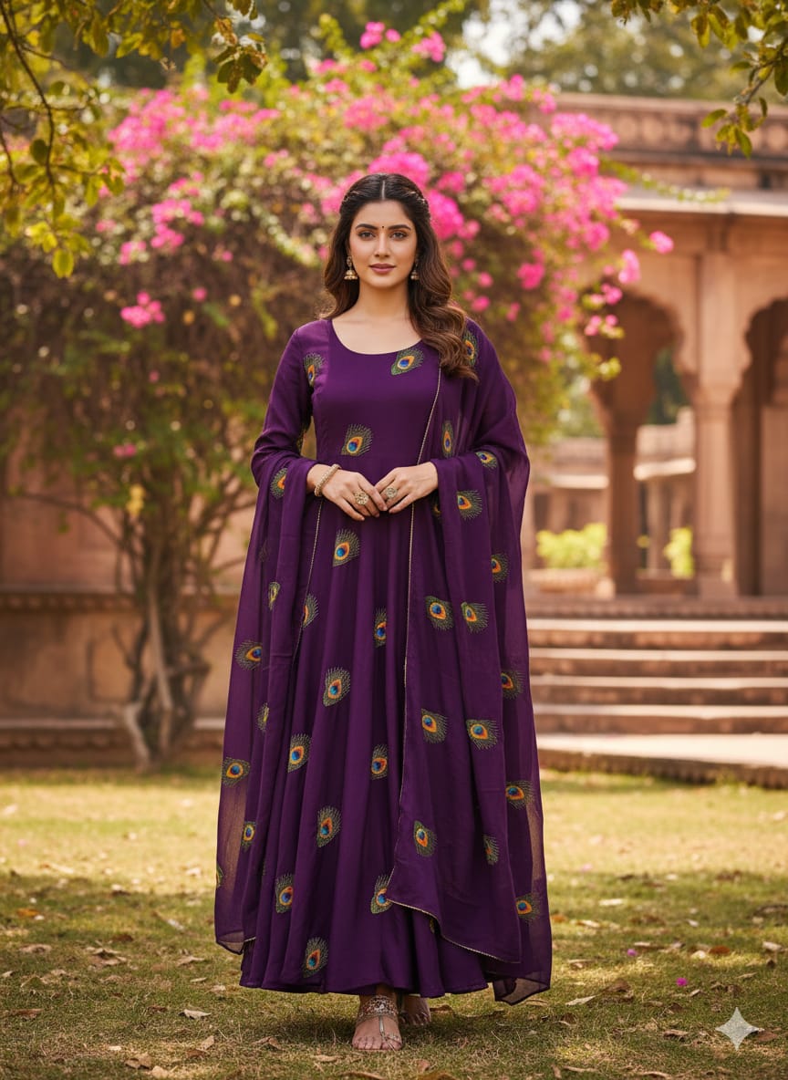 Model wearing a vibrant purple Vichitra Silk Anarkali suit with peacock embroidery and matching dupatta in a garden setting.