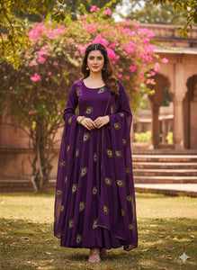 TRENDBUY Vichitra Silk Peacock Embroidered Anarkali Suit with Dupatta