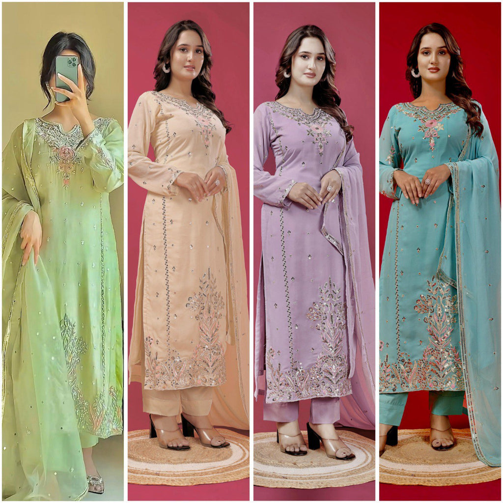 Quad image showing light green, beige, lavender, and light blue embroidered kurti sets by TRENDBUY.