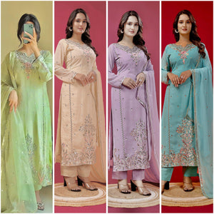 TRENDBUY Elegant Faux Georgette 3-Piece Kurti Set with Embroidery & Sequence Work - Multiple Colors