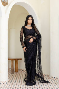 TRENDBUY Black Sequin Embroidered Soft Mono Net Saree with Unstitched Blouse