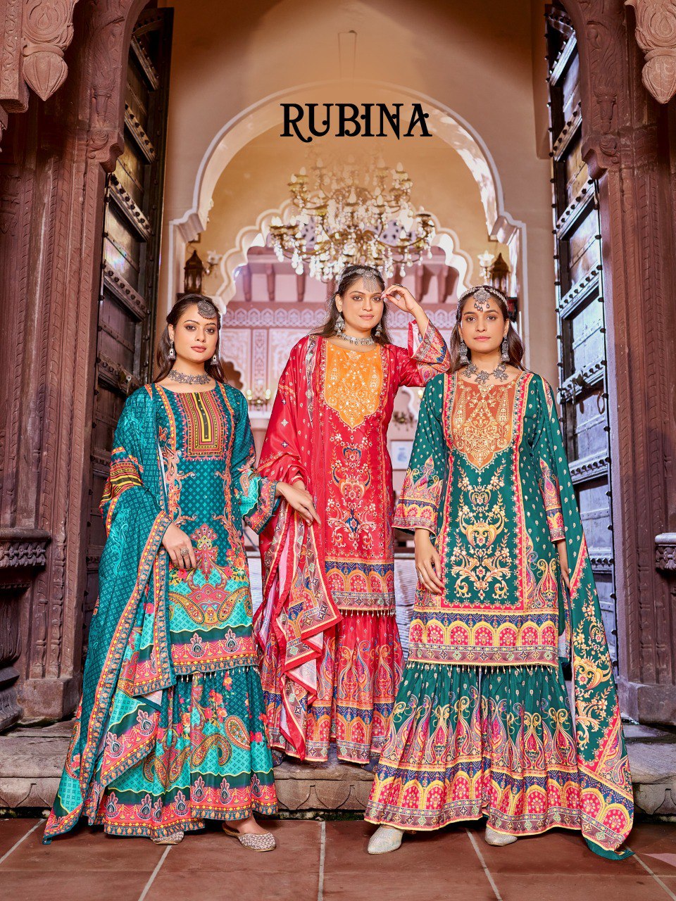 Three models showcasing the Rubina collection of Crape Silk Digital Print Pakistani Sharara Suits in green, red, and teal.