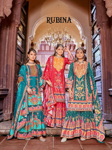 Luxurious Pure Crape Silk Digital Print Pakistani Sharara Suit with Mirror Work
