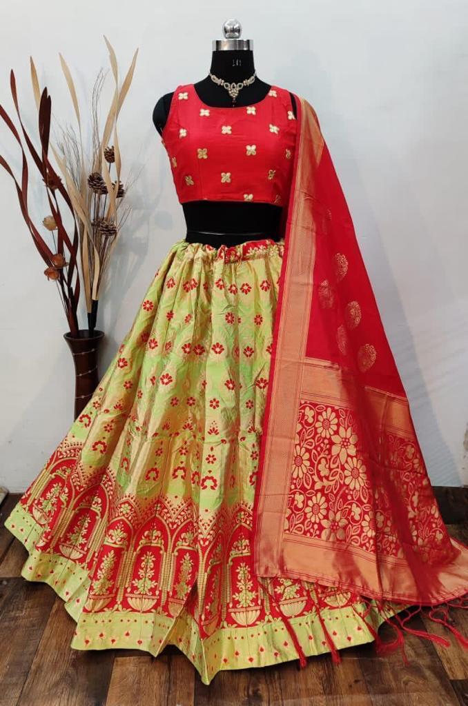 Light Green Brocade Lehenga with Red Blouse and Banarasi Silk Dupatta, displayed on a mannequin