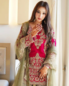 Red Designer Embroidered Sharara Suit Set | Faux Georgette Top, Plazzo & Dupatta