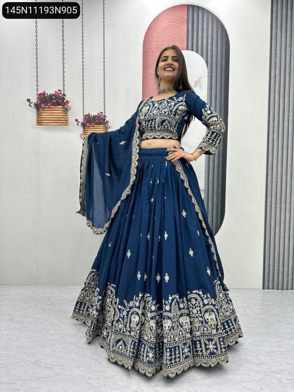 TRENDBUY model wearing Teal Blue Vichitra Silk Embroidered Lehenga Choli, front view